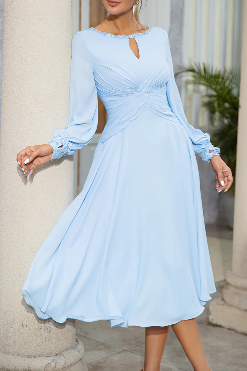 Sky Blue Chiffon Round Neck Long Sleeve Hollow Medium Length Mother of the Bride Dress