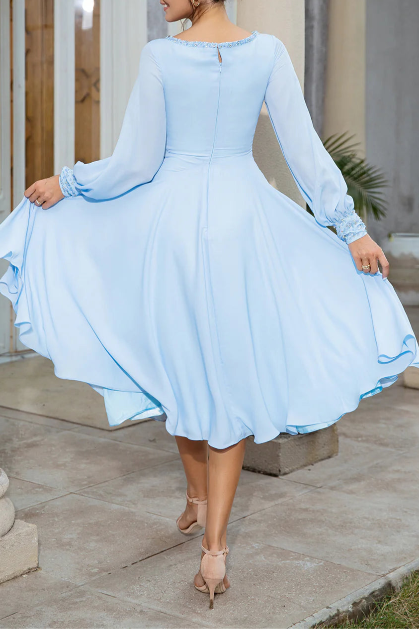 Sky Blue Chiffon Round Neck Long Sleeve Hollow Medium Length Mother of the Bride Dress