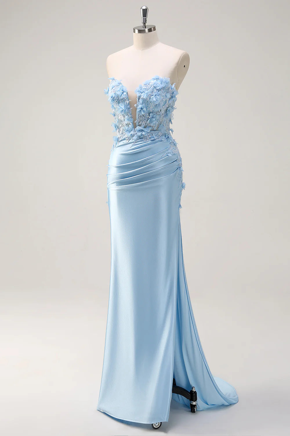 Sky Blue Deep V Neck Mermaid Strapless Sequin Floor Length Prom Dress With Appliques