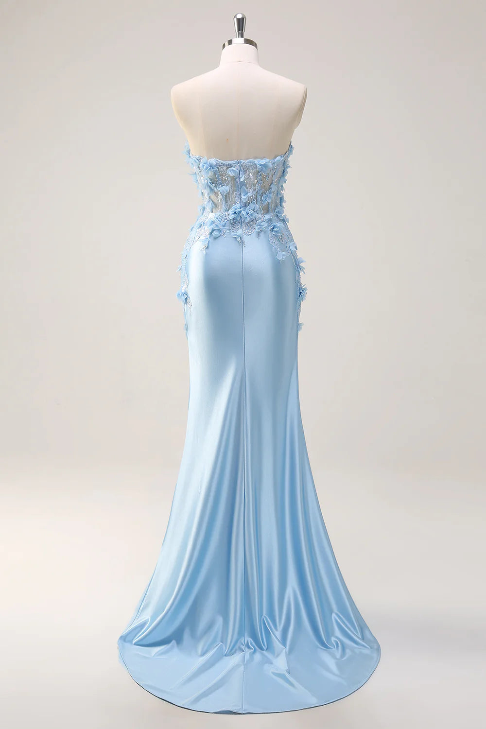 Sky Blue Deep V Neck Mermaid Strapless Sequin Floor Length Prom Dress With Appliques