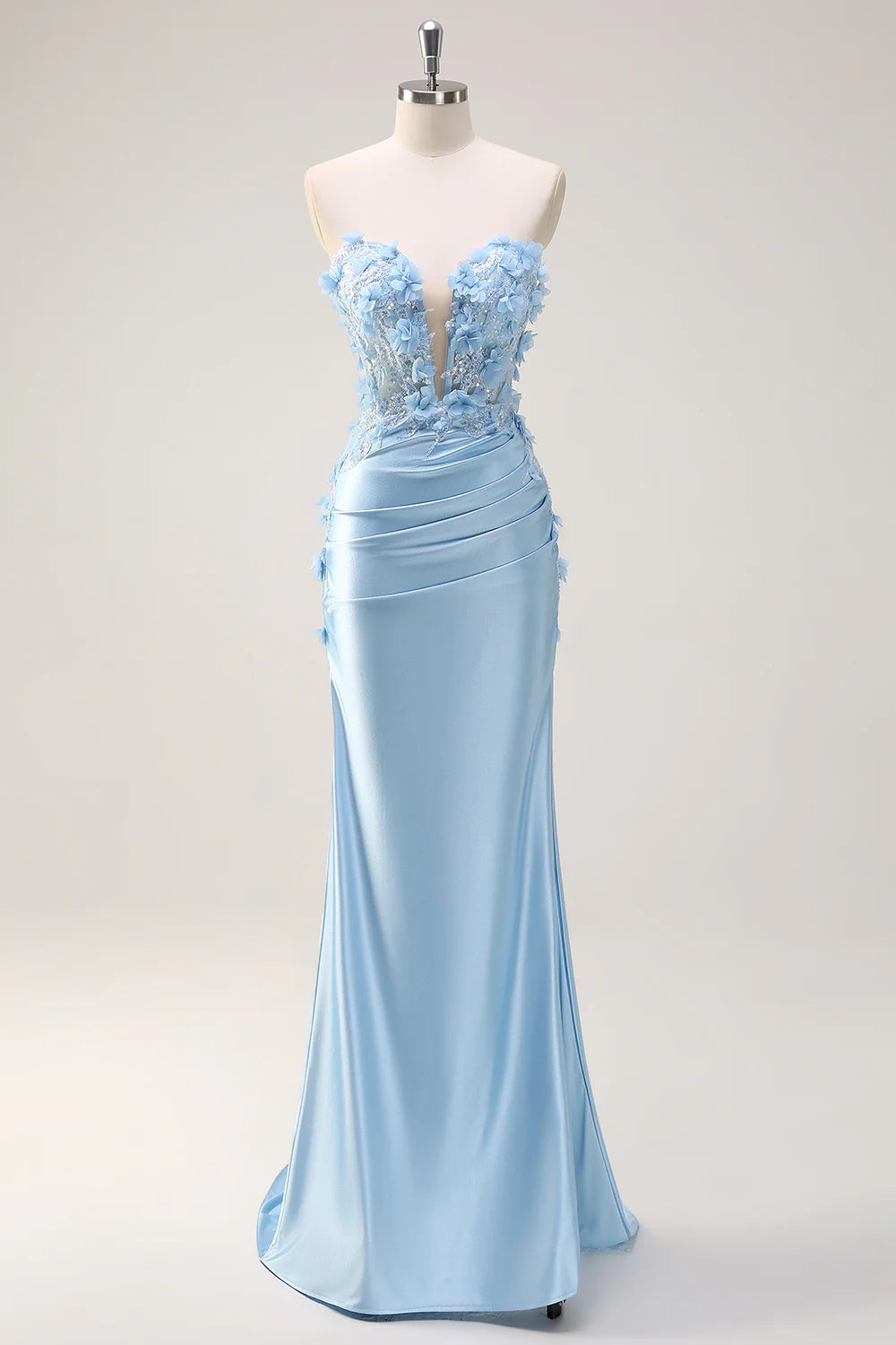 Sky Blue Deep V Neck Mermaid Strapless Sequin Floor Length Prom Dress With Appliques