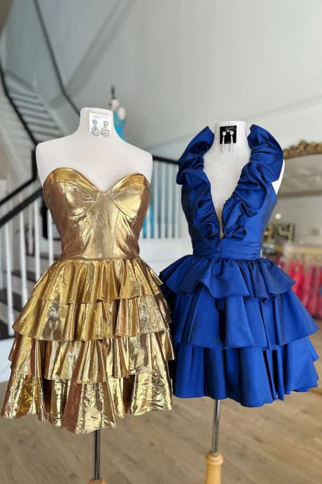 Sky Blue Halter Deep V-Neck Sleeveless Tiered A Line Short Homecoming Dress With Ruffles