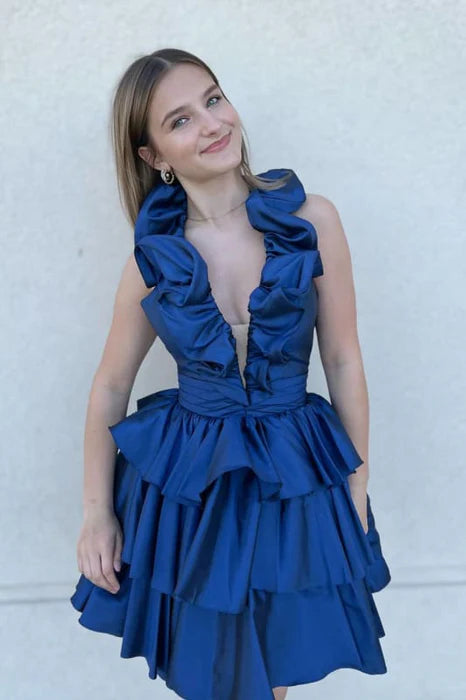 Sky Blue Halter Deep V-Neck Sleeveless Tiered A Line Short Homecoming Dress With Ruffles