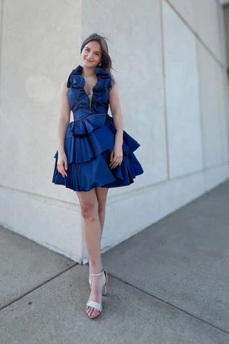 Sky Blue Halter Deep V-Neck Sleeveless Tiered A Line Short Homecoming Dress With Ruffles