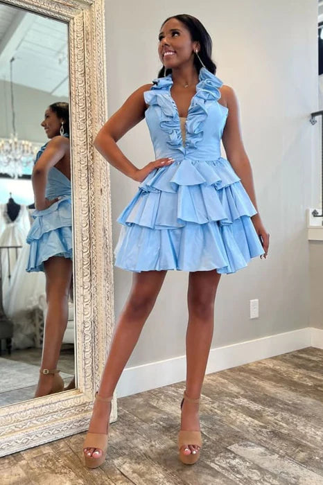 Sky Blue Halter Deep V-Neck Sleeveless Tiered A Line Short Homecoming Dress With Ruffles