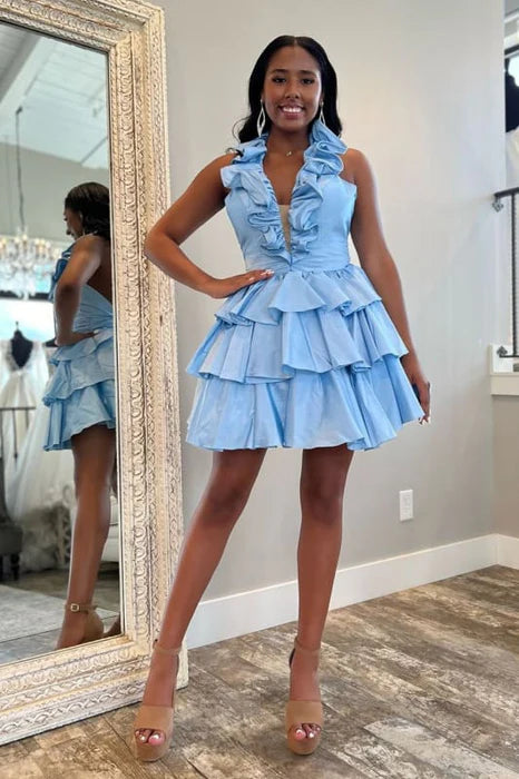 Sky Blue Halter Deep V-Neck Sleeveless Tiered A Line Short Homecoming Dress With Ruffles