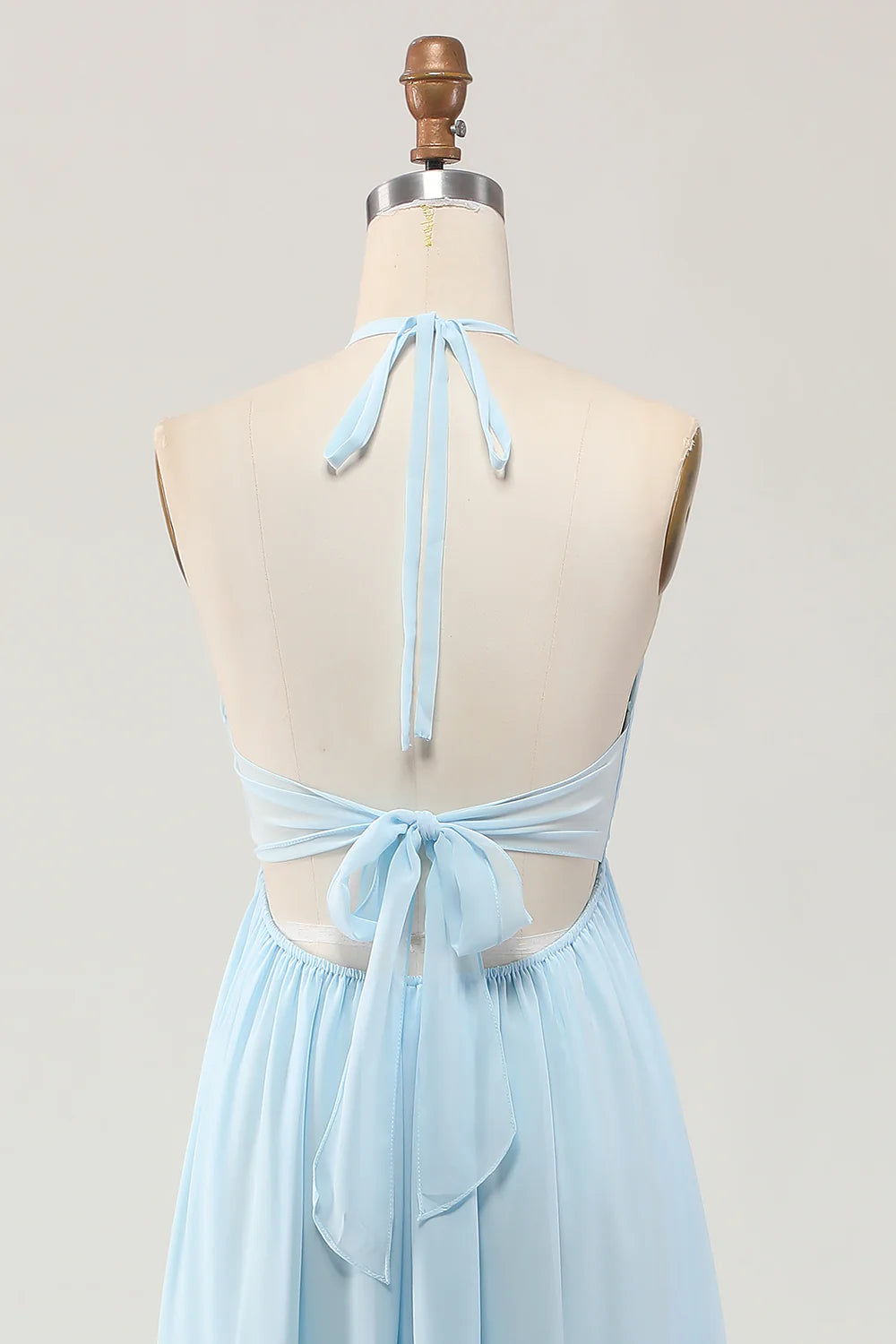 Sky Blue Pleated Halter V Neck A Line Long Wedding Guest Dress Sleeveless Party Dress