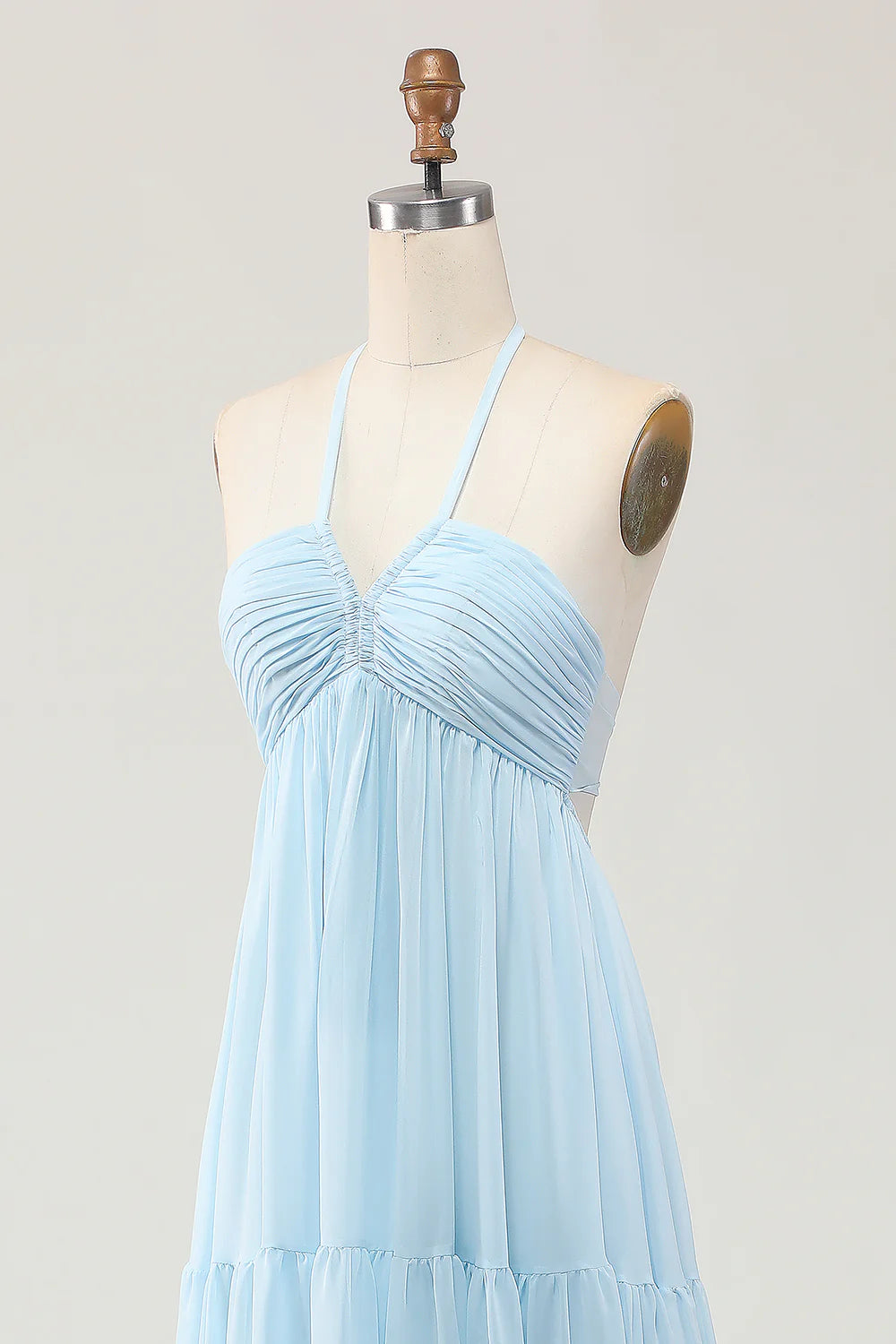 Sky Blue Pleated Halter V Neck A Line Long Wedding Guest Dress Sleeveless Party Dress