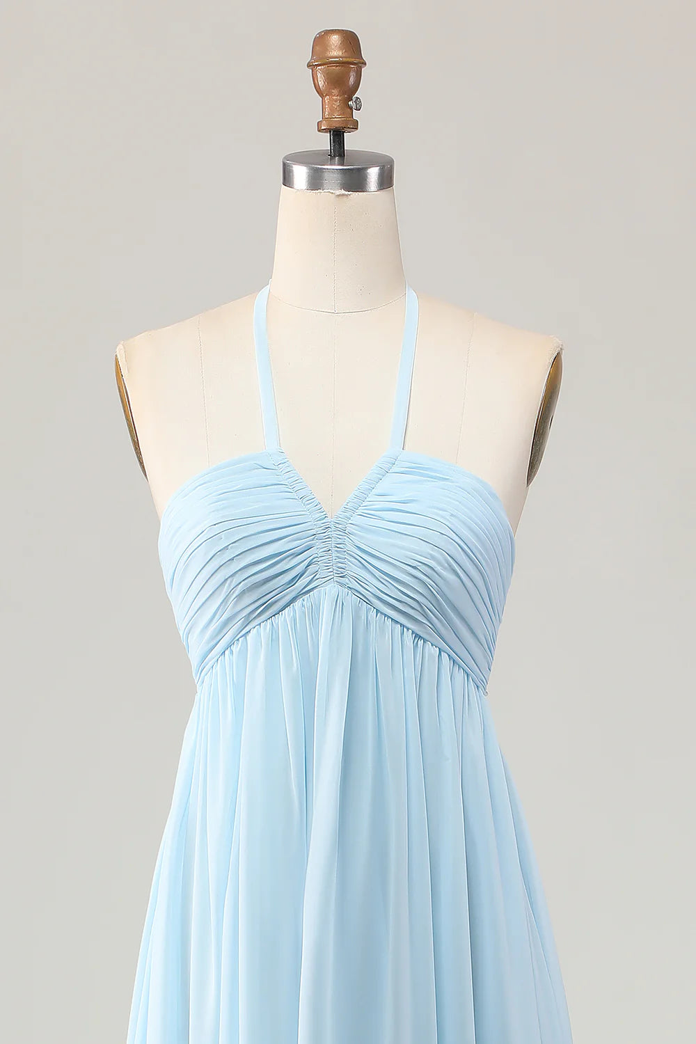 Sky Blue Pleated Halter V Neck A Line Long Wedding Guest Dress Sleeveless Party Dress