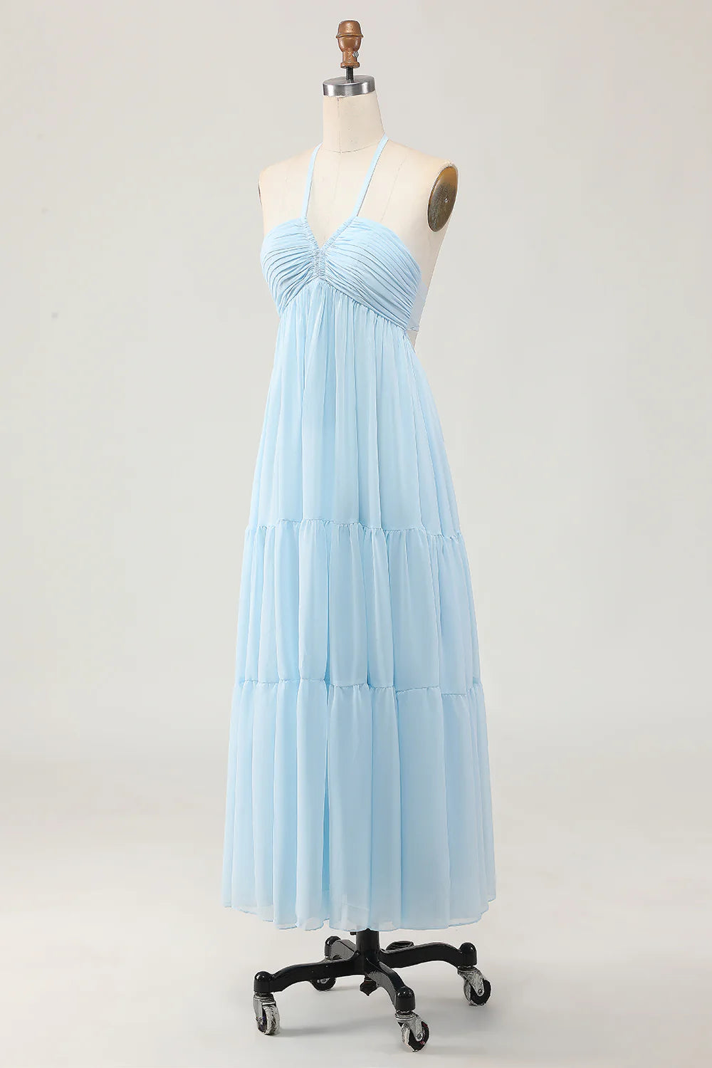 Sky Blue Pleated Halter V Neck A Line Long Wedding Guest Dress Sleeveless Party Dress