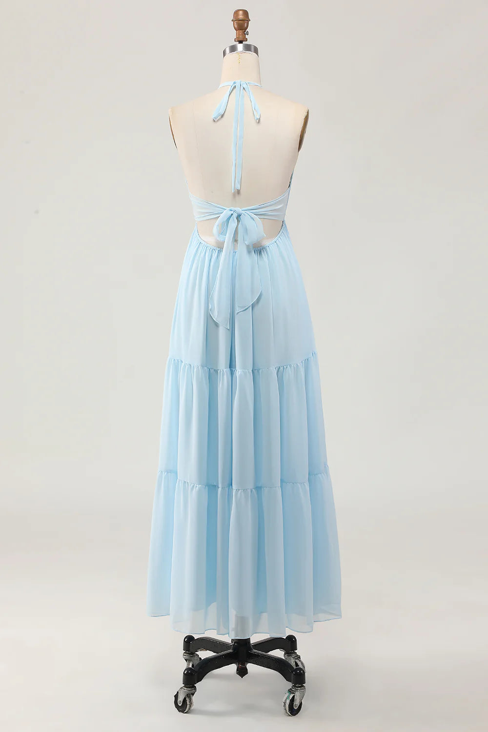 Sky Blue Pleated Halter V Neck A Line Long Wedding Guest Dress Sleeveless Party Dress