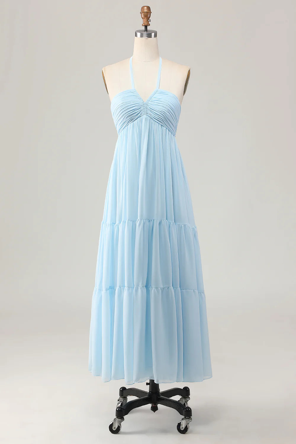 Sky Blue Pleated Halter V Neck A Line Long Wedding Guest Dress Sleeveless Party Dress
