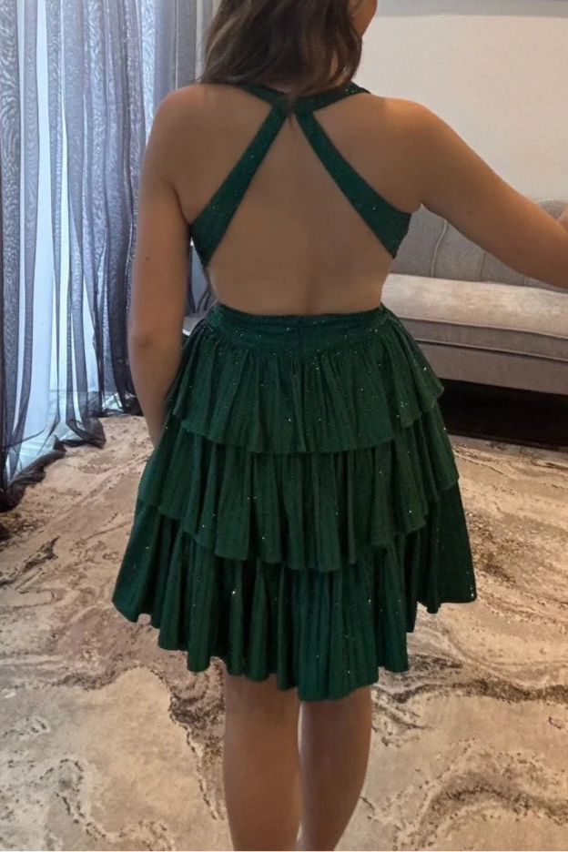 Black SSky Blue Satin Halter V Neck A Line Cut Out Tiered Short Homecoming Dress With Beading