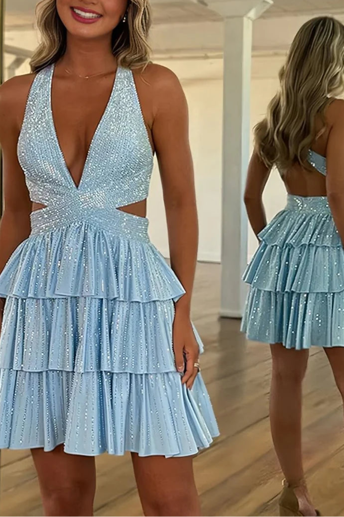 Black SSky Blue Satin Halter V Neck A Line Cut Out Tiered Short Homecoming Dress With Beading