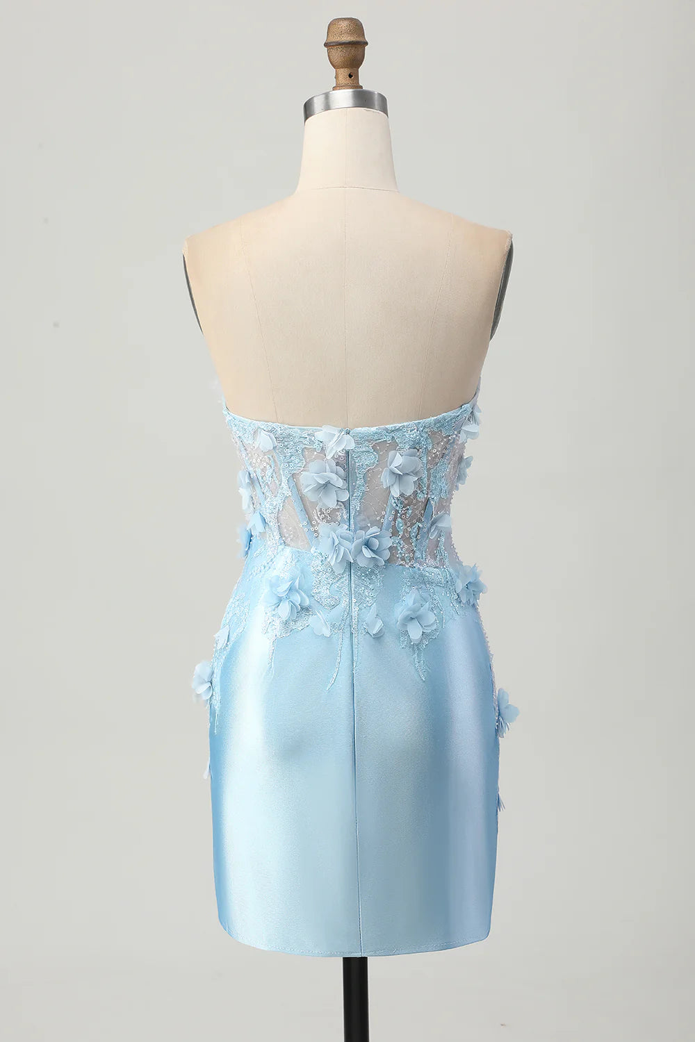 Sky Blue Satin Sequins With Applique Strapless Bodycon Pleated Short Homecoming Dress