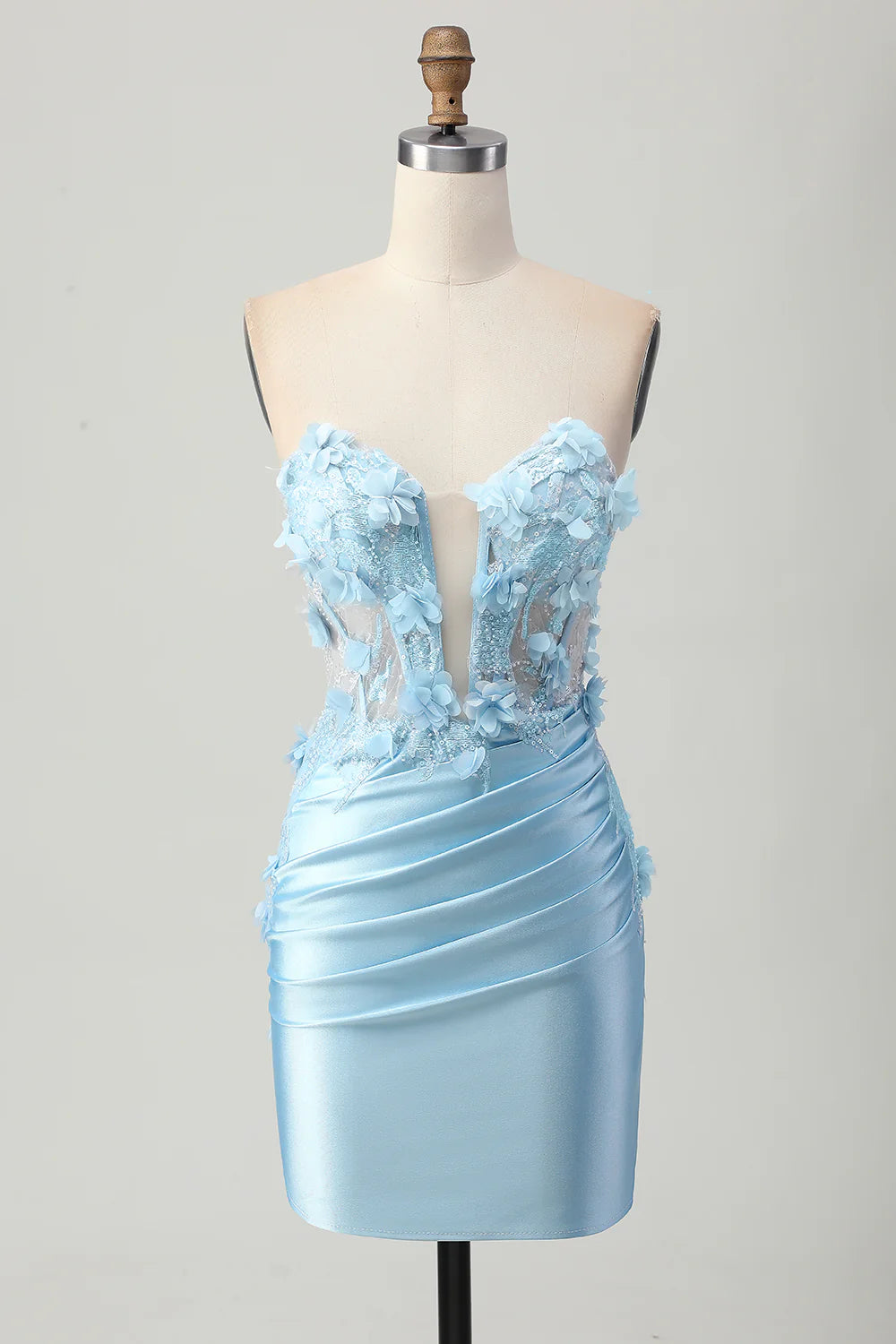 Sky Blue Satin Sequins With Applique Strapless Bodycon Pleated Short Homecoming Dress