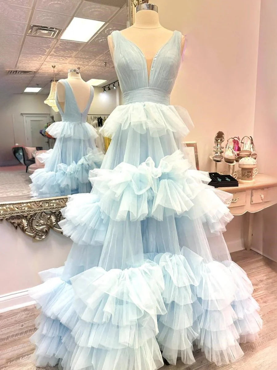 Sky Blue Tulle Deep V Neck Ruffles Tiered A-line Floor Length Prom Dress Discount Tulle Party Dresses