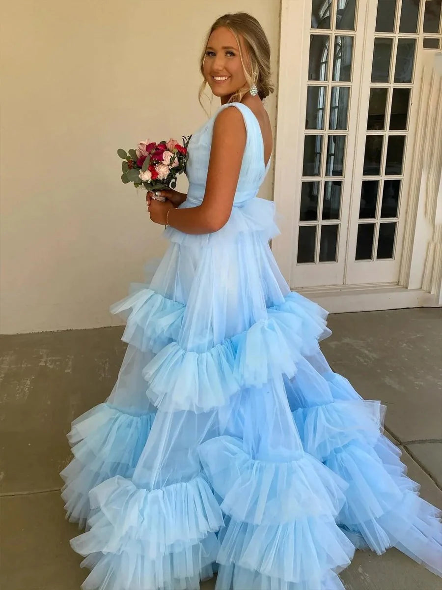 Sky Blue Tulle Deep V Neck Ruffles Tiered A-line Floor Length Prom Dress Discount Tulle Party Dresses