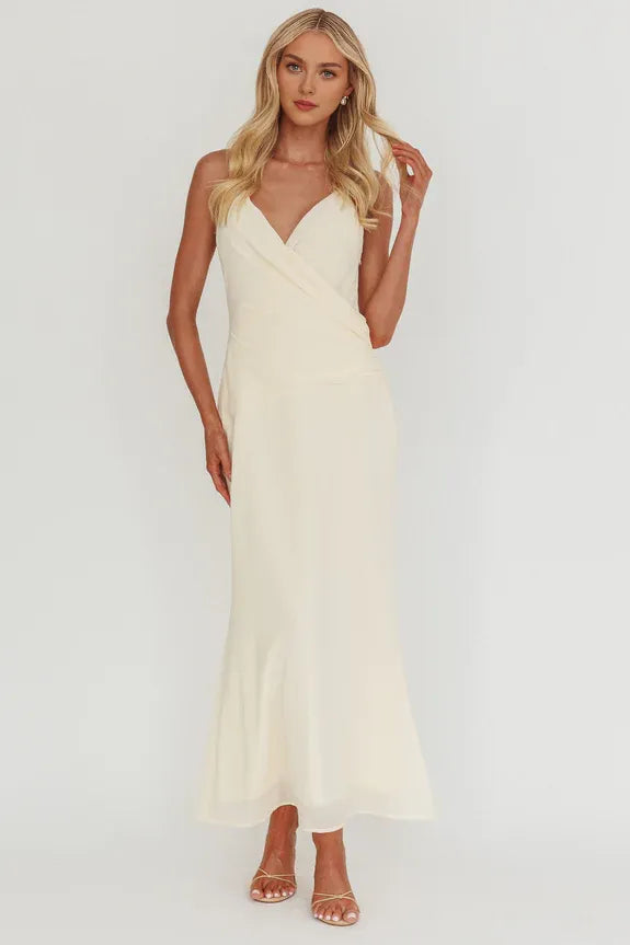 Slant V Neck Spaghetti Straps Crossover Gathered Waist Butter Maxi Prom Dress