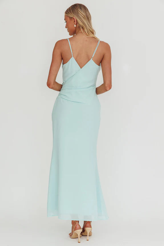 Slant V Neck Spaghetti Straps Crossover Gathered Waist Butter Maxi Prom Dress