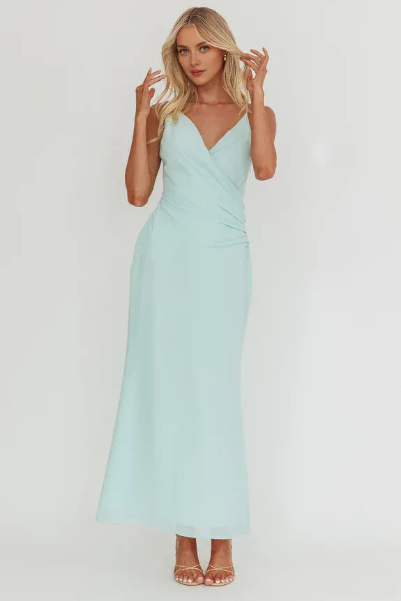 Slant V Neck Spaghetti Straps Crossover Gathered Waist Butter Maxi Prom Dress