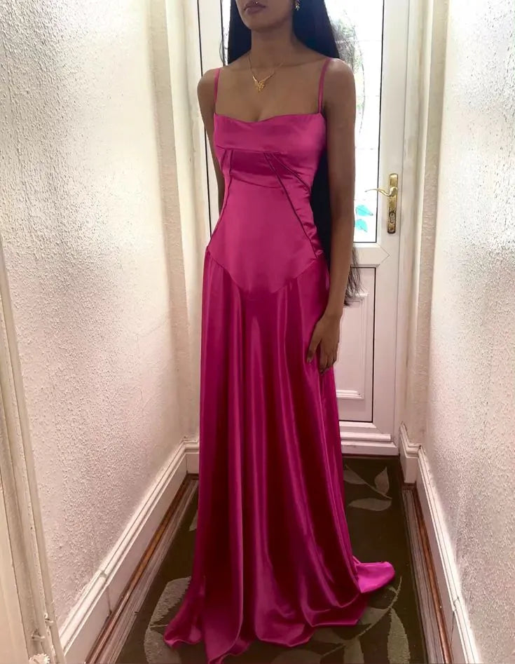 Sleek A-Line Spaghetti Straps Lace-Up Back Satin Hot Pink Floor-Length Prom Dress