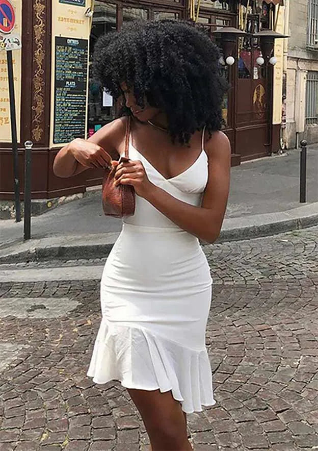 Sleek Bodycon V-Neck Spaghetti Strap Ruffled Hem White Mini Homecoming Dress