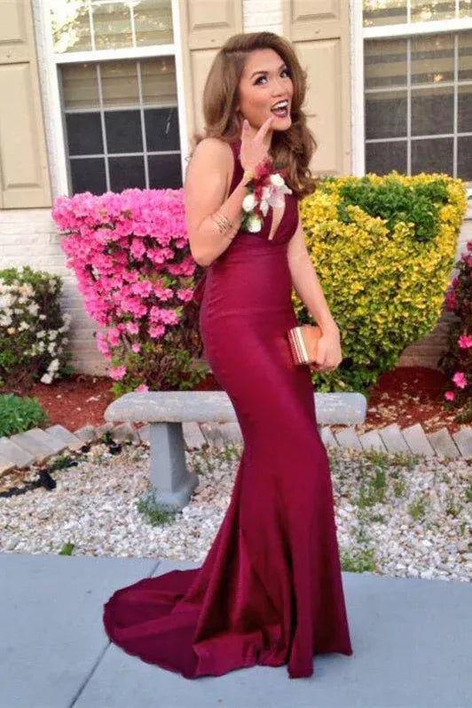 Sleek Mermaid Deep V Halter Cutout Burgundy Train Prom Dress For Women Buy