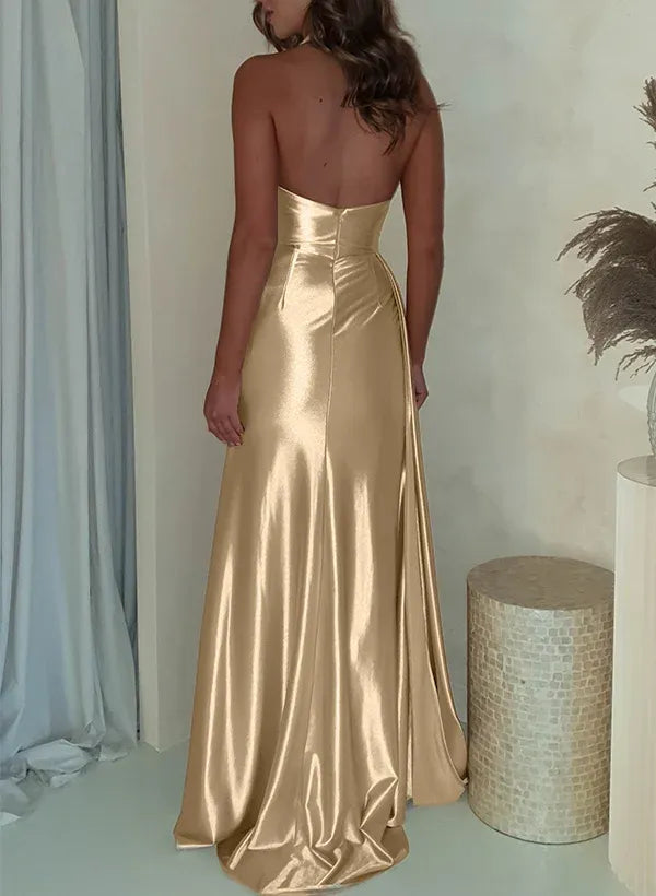 Sleek Mermaid Halter Deep V-Neck Ruched High Slit Gold Floor-Length Prom Dress