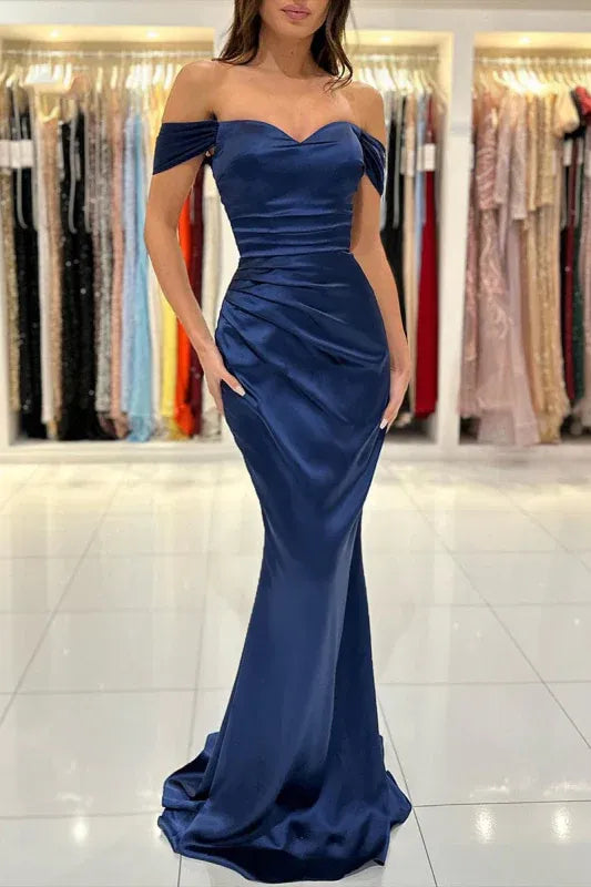 Sleek Mermaid Off Shoulder Ruched Navy Floor Length Prom Dress For Women Ready To Ship
