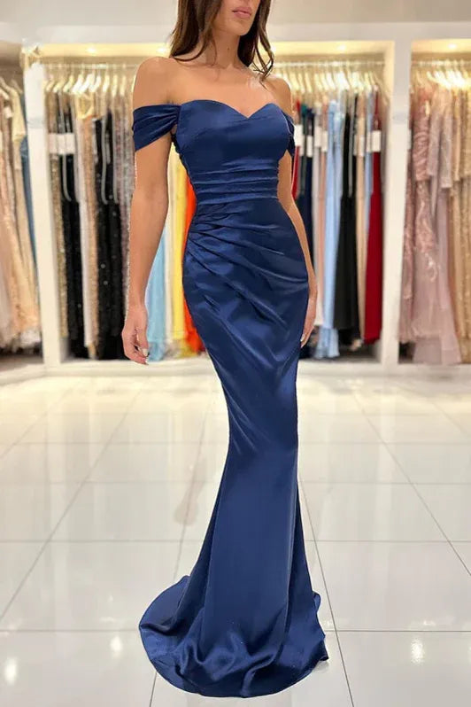 Sleek Mermaid Off Shoulder Ruched Navy Floor Length Prom Dress For Women Ready To Ship