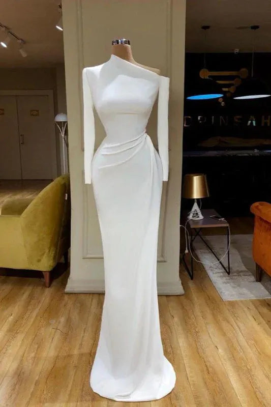 Sleek Mermaid Jewel Long-Sleeve Ruched White Maxi Prom Dress for Women Custom
