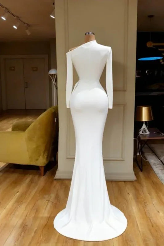 Sleek Mermaid Jewel Long-Sleeve Ruched White Maxi Prom Dress for Women Custom
