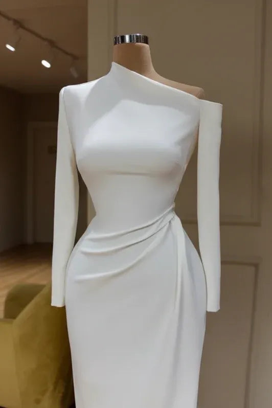 Sleek Mermaid Jewel Long-Sleeve Ruched White Maxi Prom Dress for Women Custom
