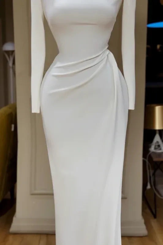 Sleek Mermaid Jewel Long-Sleeve Ruched White Maxi Prom Dress for Women Custom