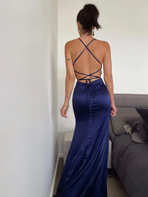 Sleek Mermaid Spaghetti Straps Crisscross Slit Royal Blue Train Prom Dress For Sale