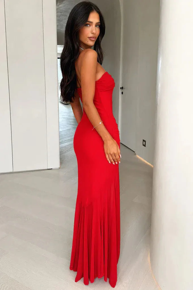 Sleek Mermaid Strapless Knot-Detail Mesh Red Floor-Length Prom Dress For Women