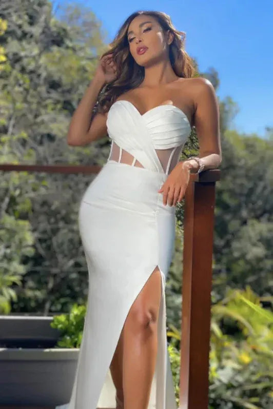 Sleek Mermaid Sweetheart Sheer White Floor-length Prom Dress for Women Ready to Ship