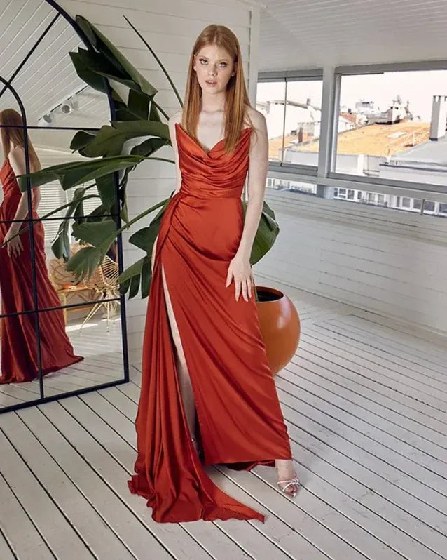 Sleek Sheath Cowl-neck Sleeveless Draped Rust Floor-length Prom Dress for Women Custom