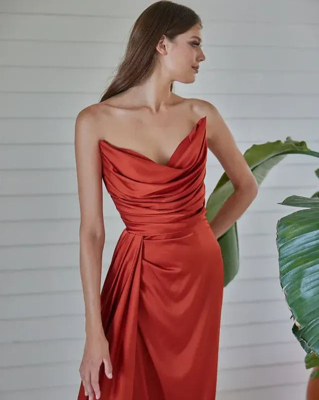 Sleek Sheath Cowl-neck Sleeveless Draped Rust Floor-length Prom Dress for Women Custom