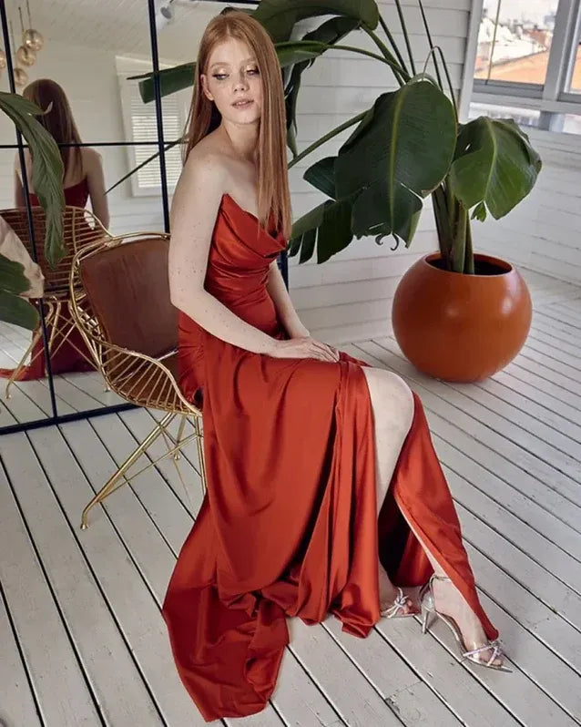 Sleek Sheath Cowl-neck Sleeveless Draped Rust Floor-length Prom Dress for Women Custom