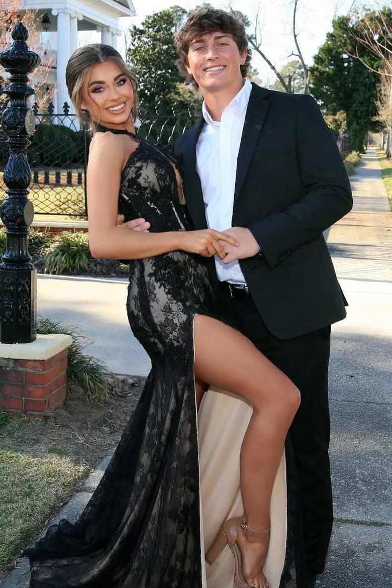 Sleeveless Black Lace Applique Slit Mermaid Long Ball Gown