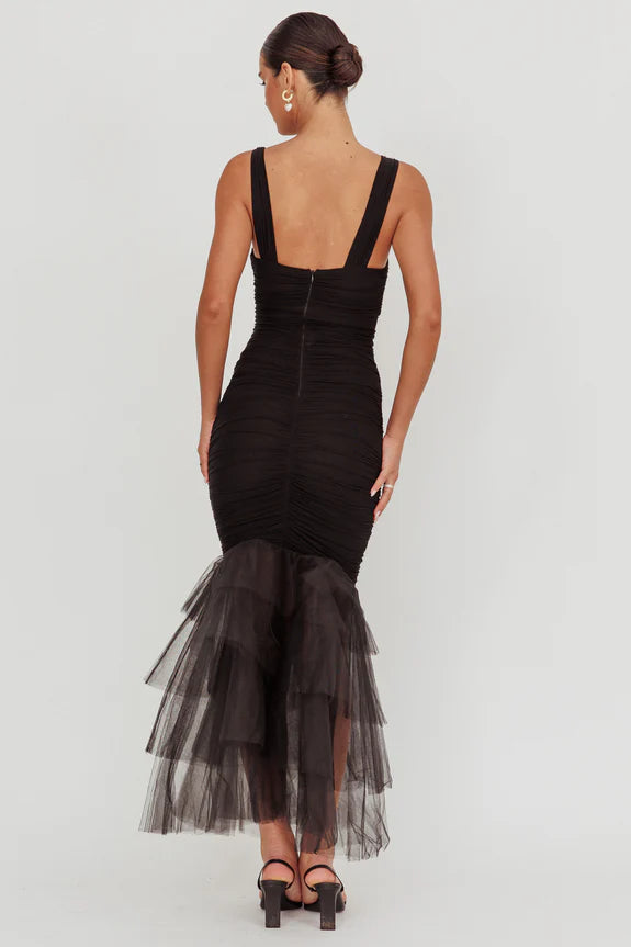 Sleeveless Tulle Hem Ruched Black Maxi Homecoming Dress Prom Dress