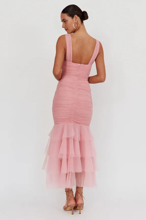 Sleeveless Tulle Hem Ruched Pink Maxi Homecoming Dress Prom Dress