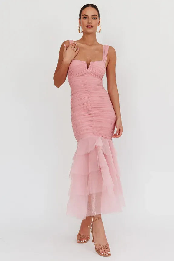 Sleeveless Tulle Hem Ruched Pink Maxi Homecoming Dress Prom Dress
