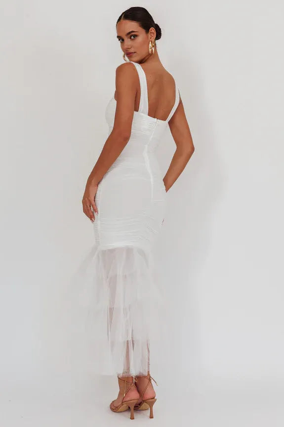 Sleeveless Tulle Hem Ruched White Maxi Homecoming Dress Prom Dress