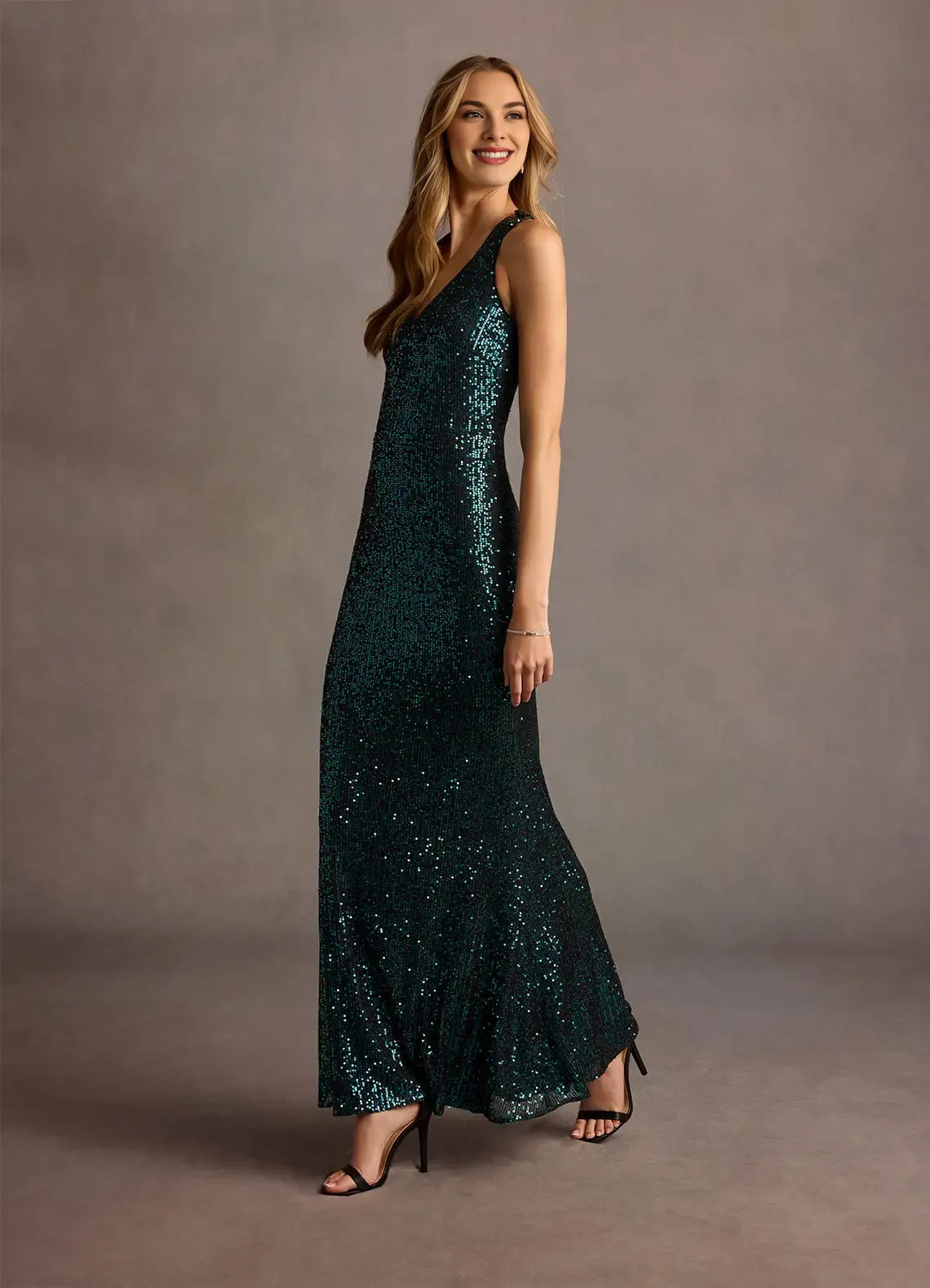 Slim-fit Mermaid V Neck Open Back Sequin Peacock Maxi Evening Dress
