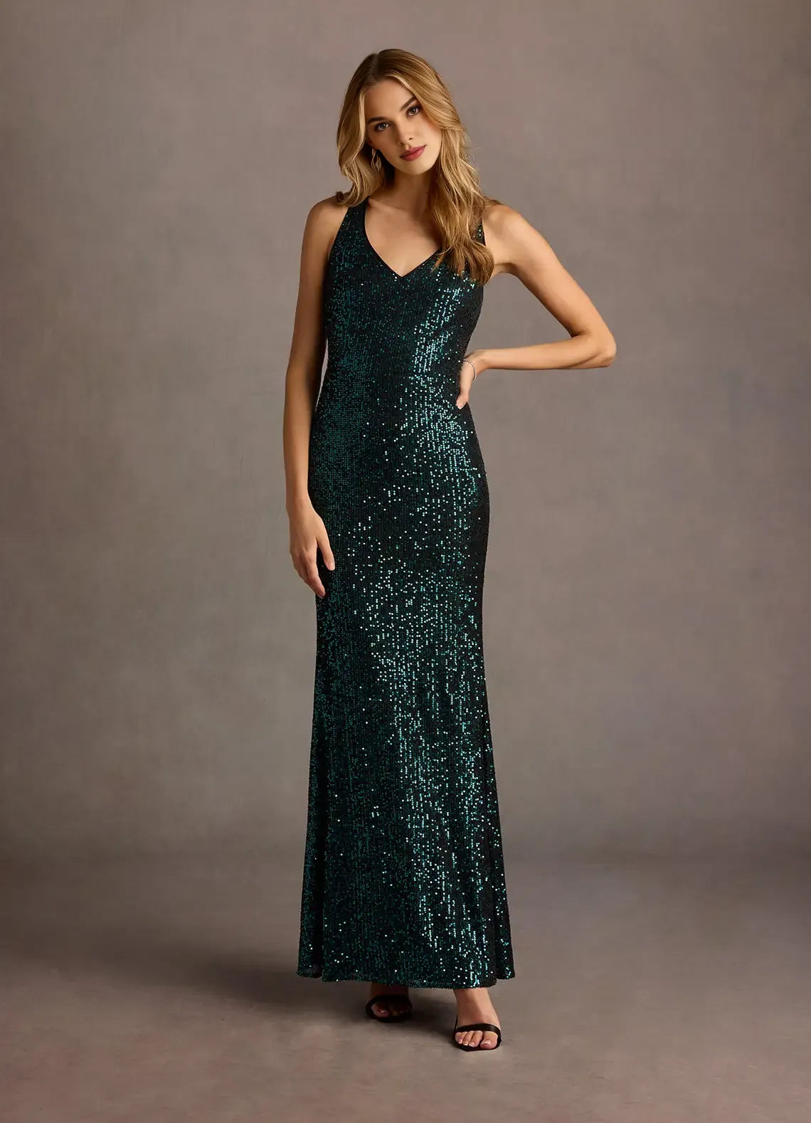 Slim-fit Mermaid V Neck Open Back Sequin Peacock Maxi Evening Dress