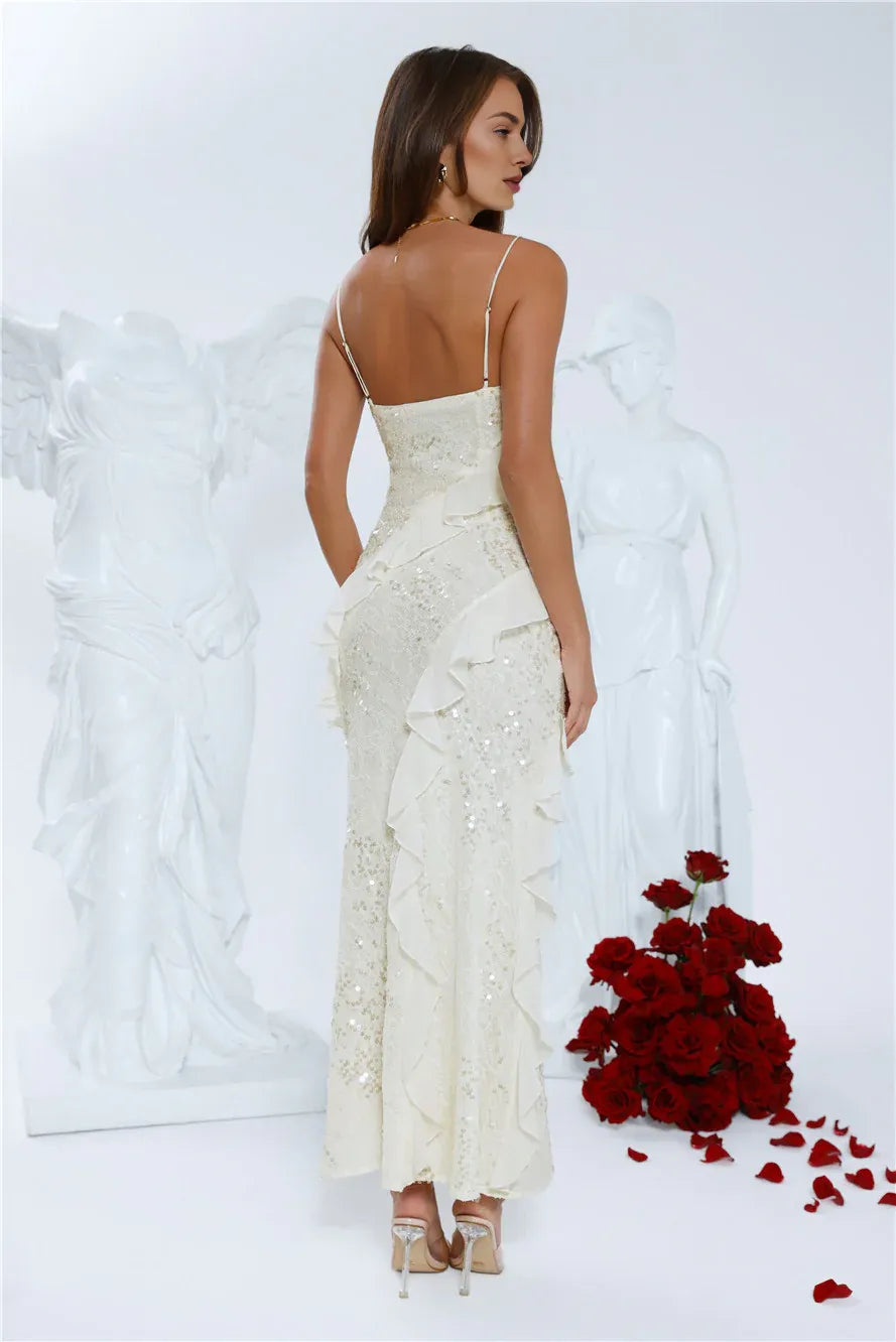 Slim-fit Sheath Cowl Neck Spaghetti Straps Ruffle Sequin Maxi Evening Dress