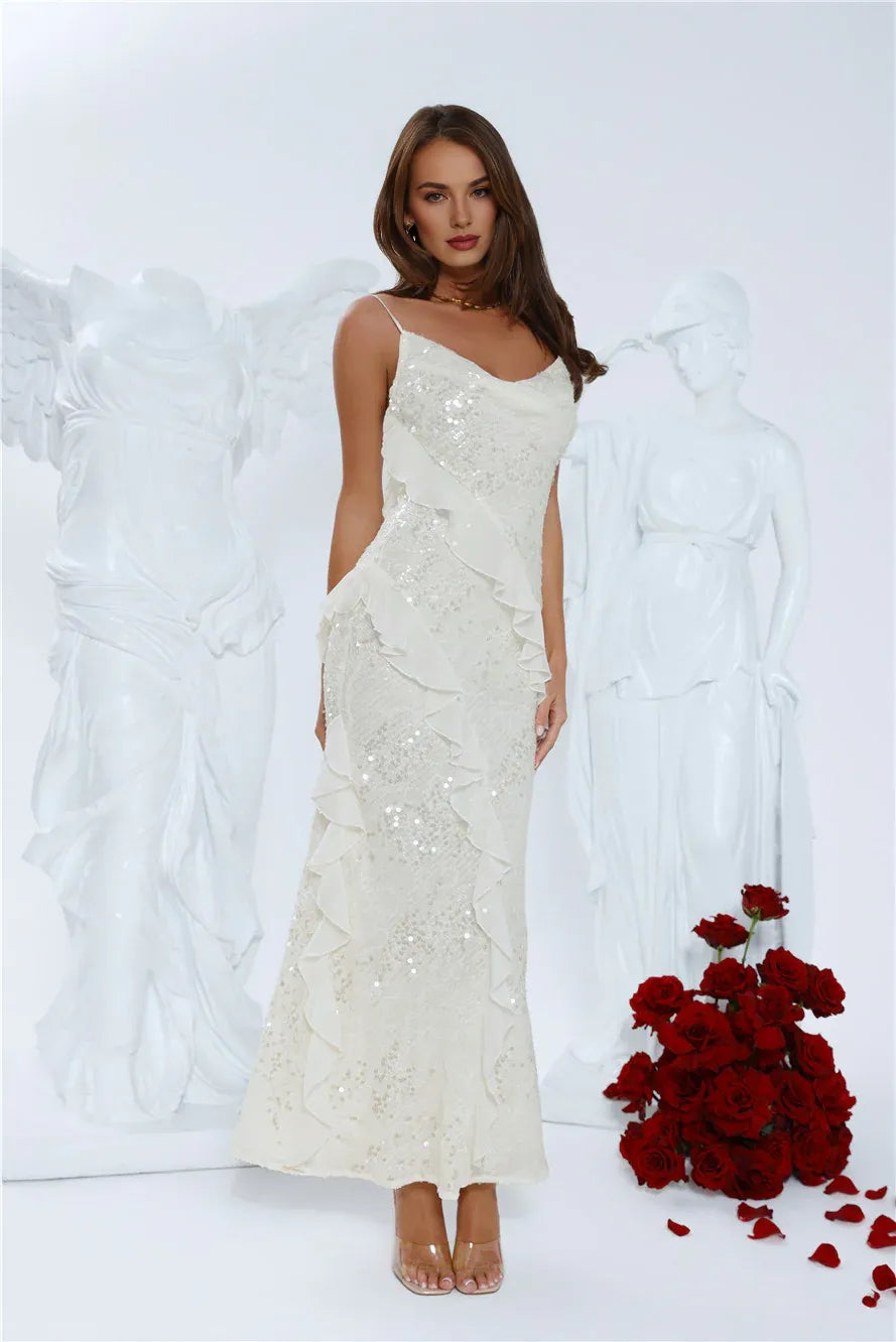 Slim-fit Sheath Cowl Neck Spaghetti Straps Ruffle Sequin Maxi Evening Dress